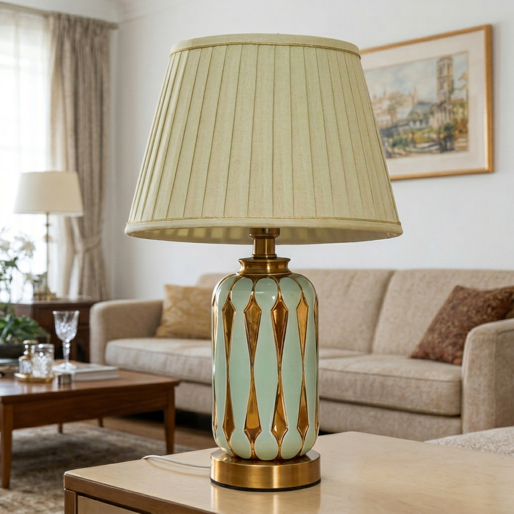 light green and gold modern luxury ceramic table lamp featuring a structured fabric shade