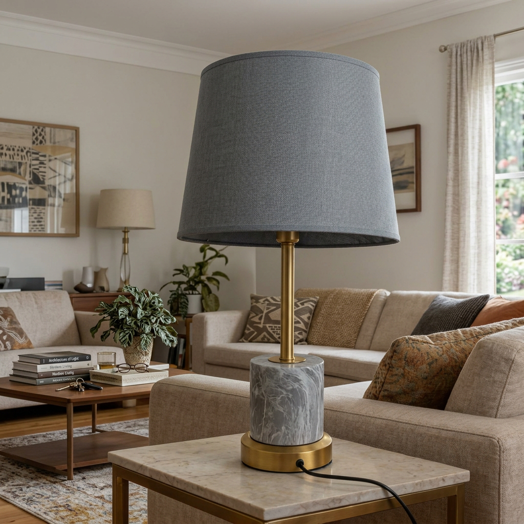  Studio Gonka Luxury Marble Table Lamp featuring a grey marble base with brass hardware and a fabric shade. [1]