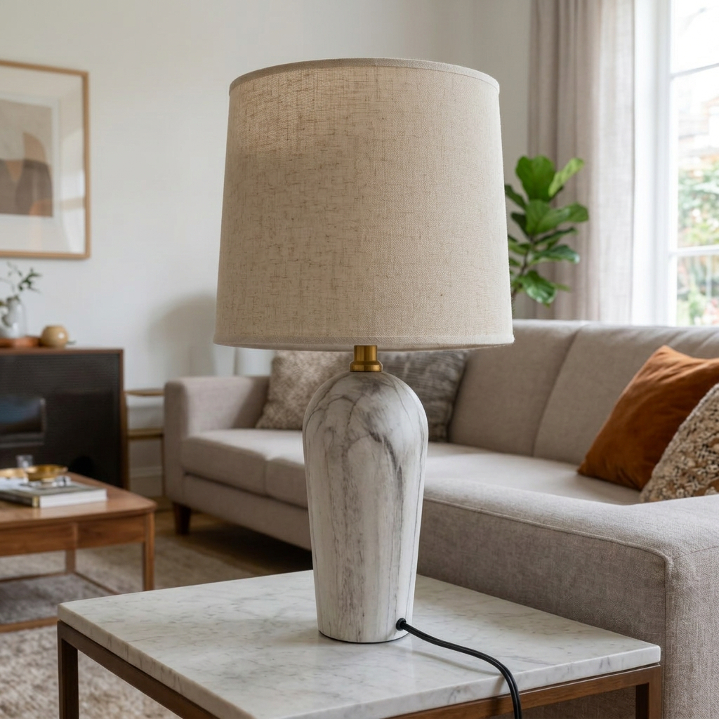 natural wood and laiton table lamp with a beige shade