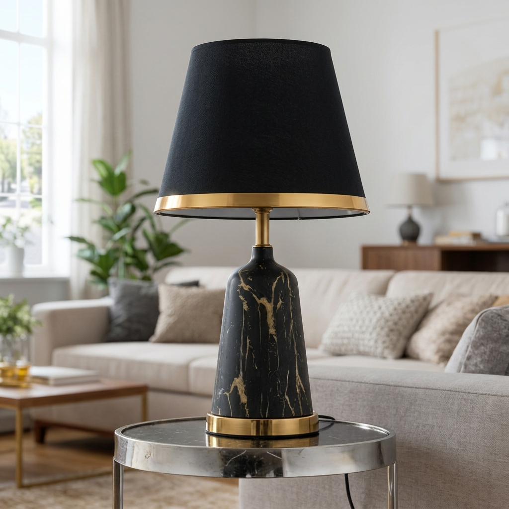 black marble bedside table lamp with a gold cone-shaped base and matching black shade
