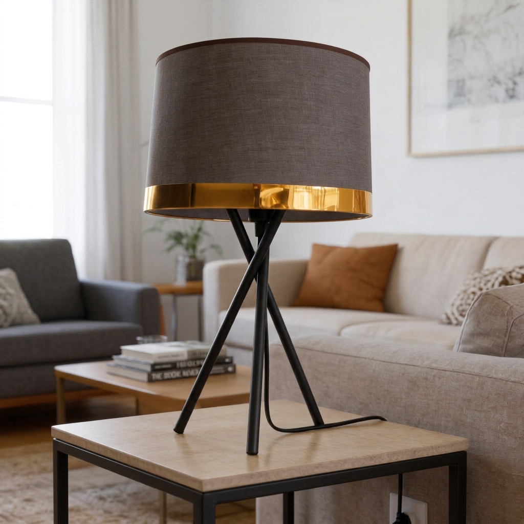 black tripod table lamp featuring a gold metal ring and a cotton drum shade.