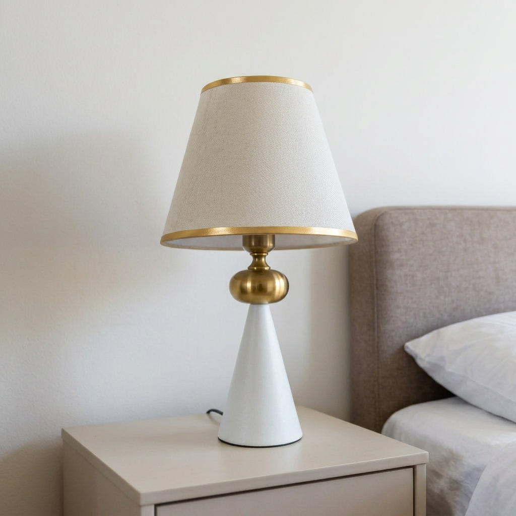 Safavieh Lian modern table lamp featuring a conical gray base and gold accents.