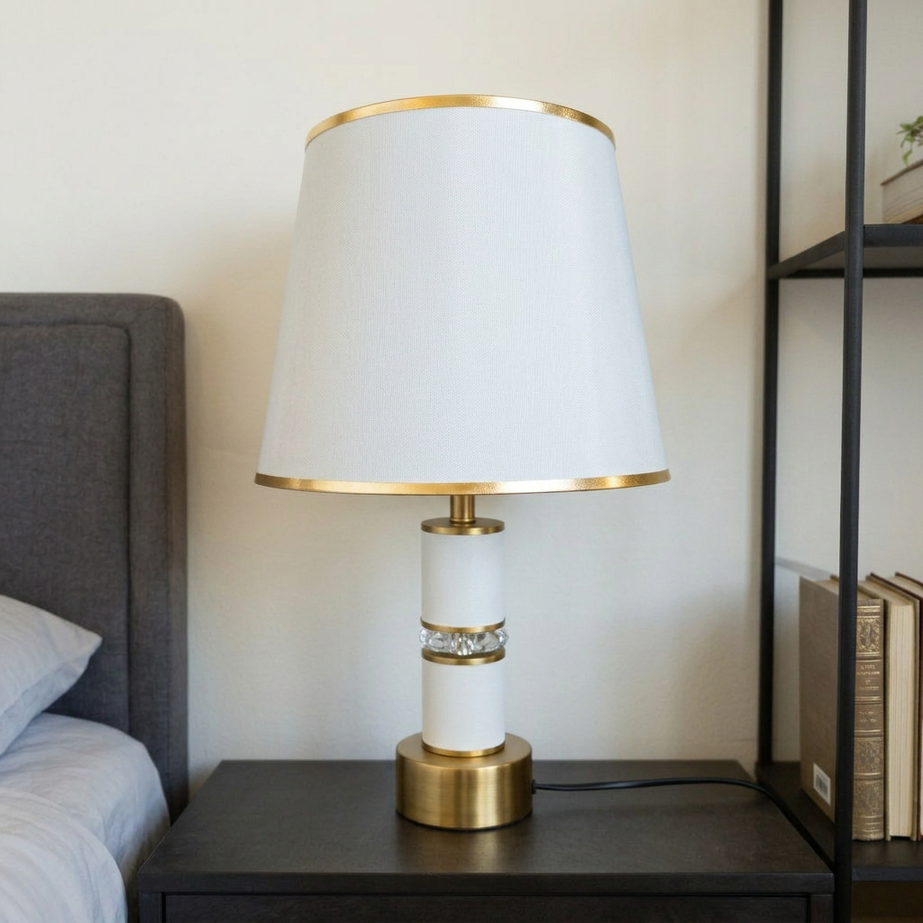 white marble table lamp with a beige fabric lampshade featuring gold edging