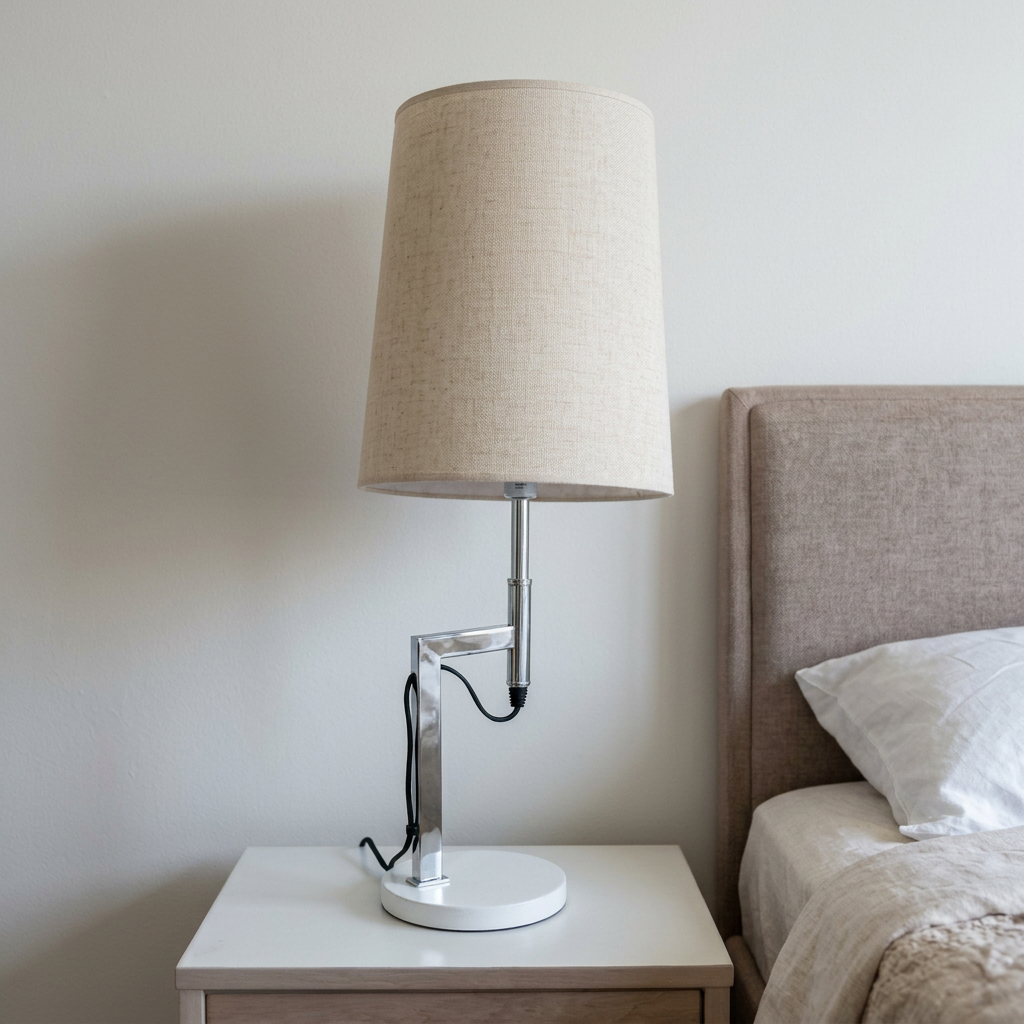 modern table lamp featuring a chrome asymmetrical base and a neutral fabric drum shade.