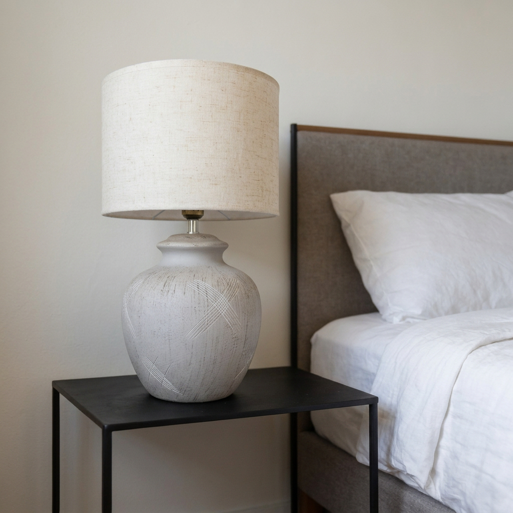 Rothbury Elliptical Table Lamp featuring a sculpted ceramic base and a linen drum shade.
