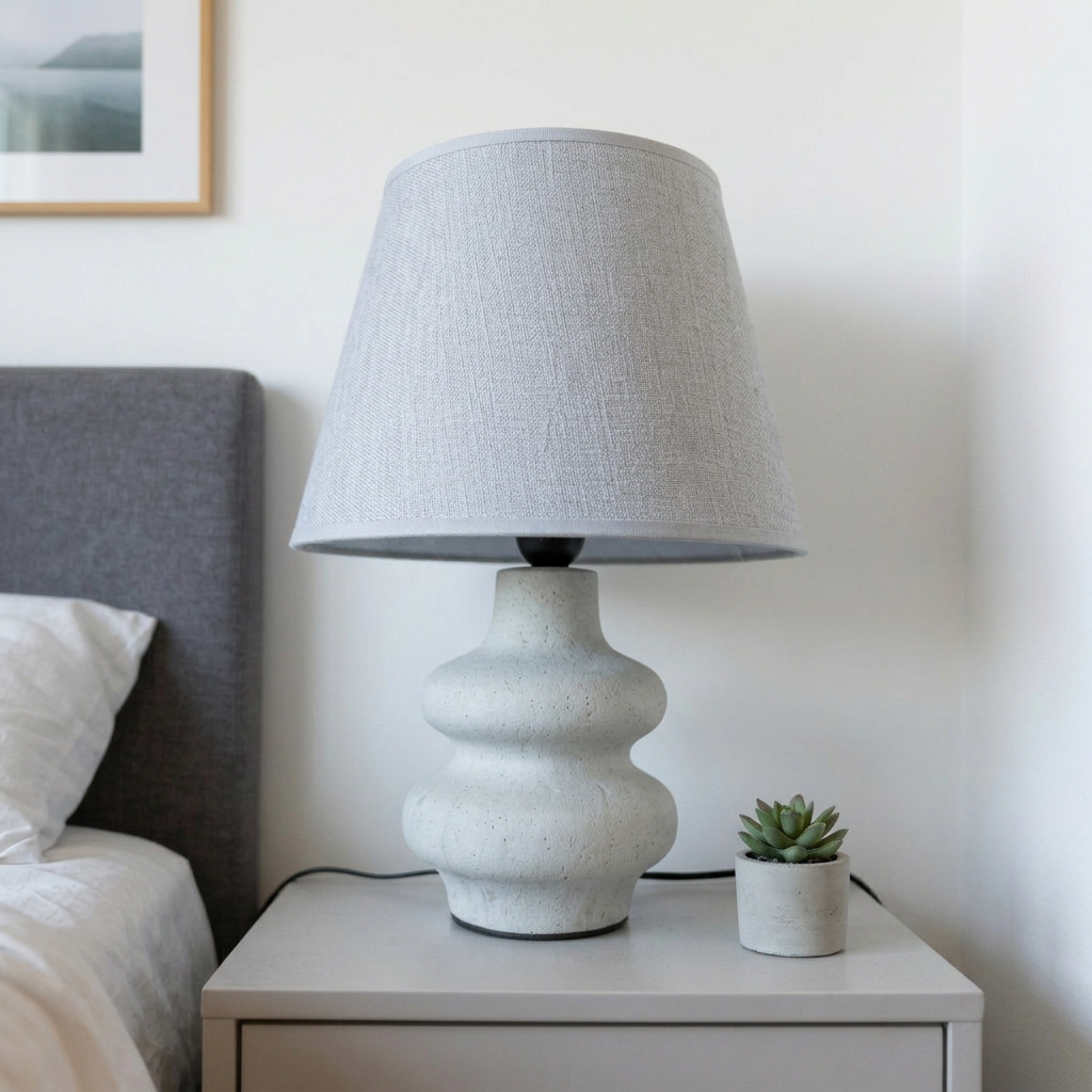 modern table lamp with a stacked double-circle base and a light gray fabric shade.