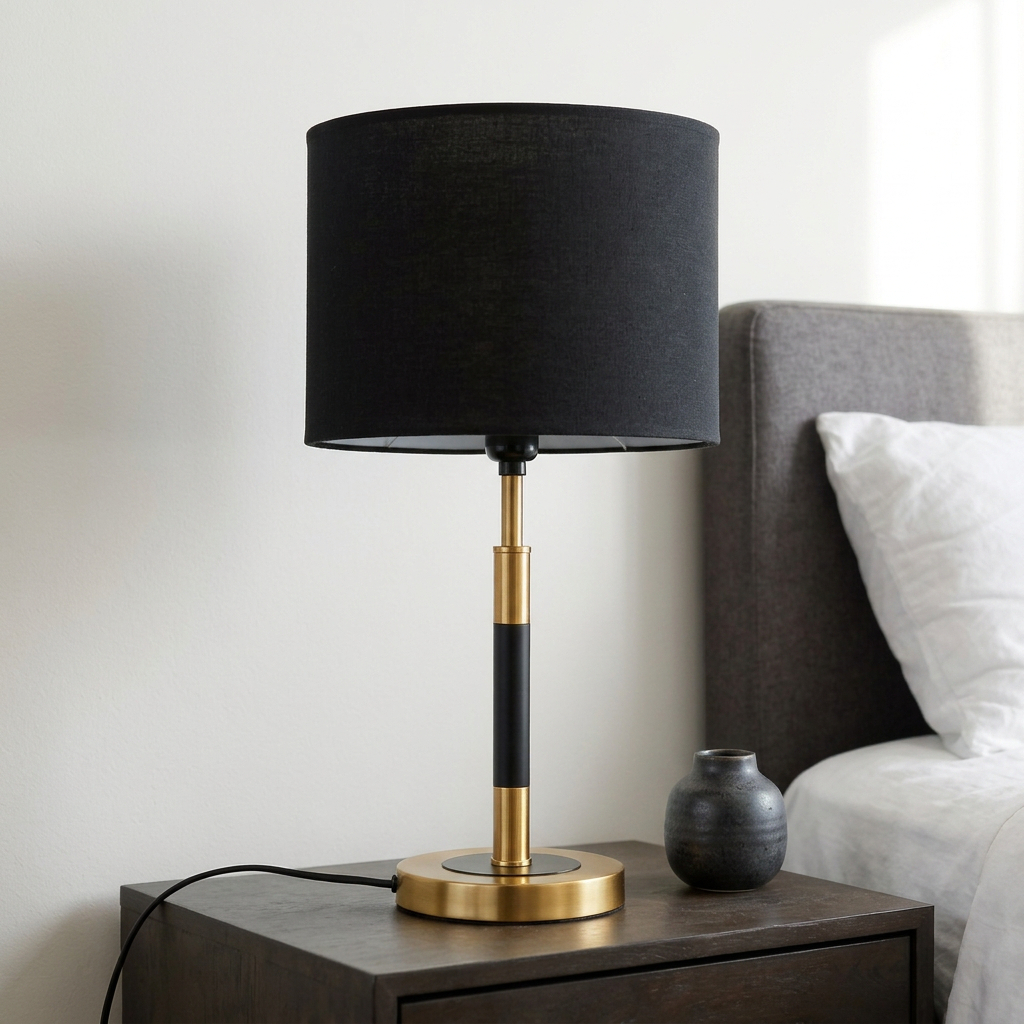 Bryce Black and Gold Metal Rise and Fall Table Lamp featuring a fabric shade and adjustable height. [1]