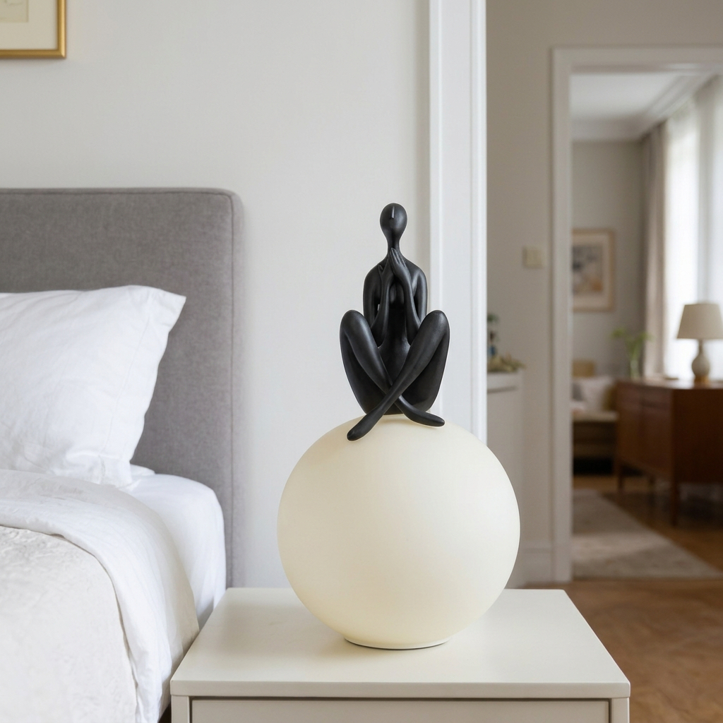 These are modern humanoid sculpture table lamps, likely featuring black resin figures holding acrylic globe shades.