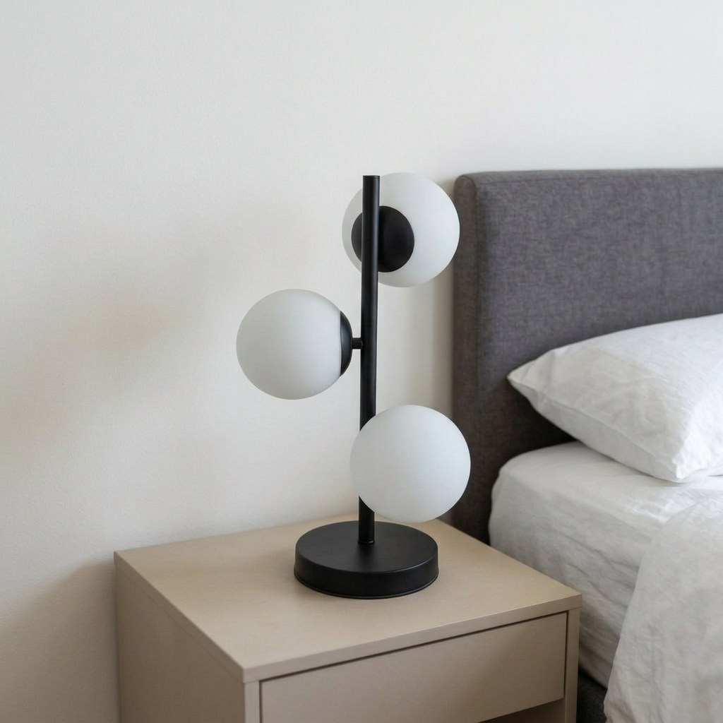 AMARTIZ Modern Gold Globe Table Lamp featuring three milk white glass shades and a gold metal base.