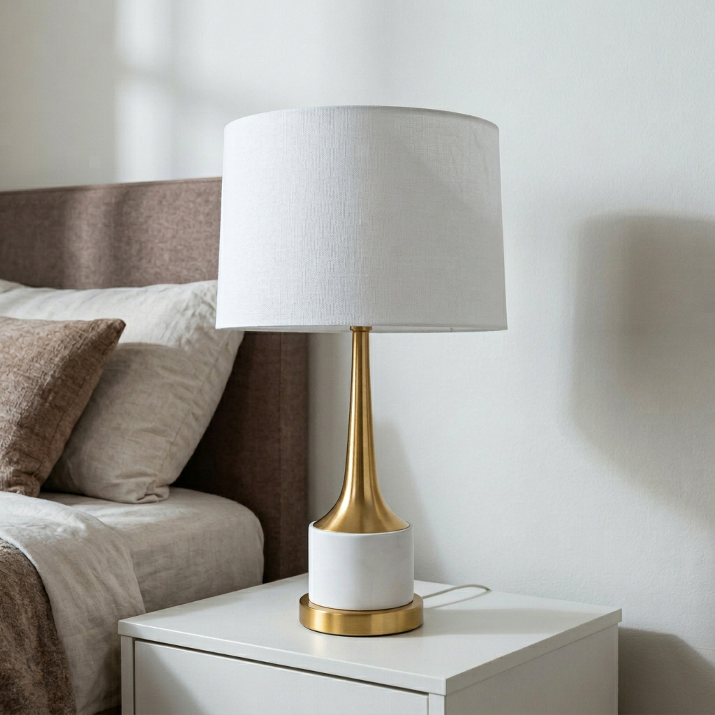 Hailey Home Mansfield brass table lamp featuring a handcrafted steel base and a white drum shade.