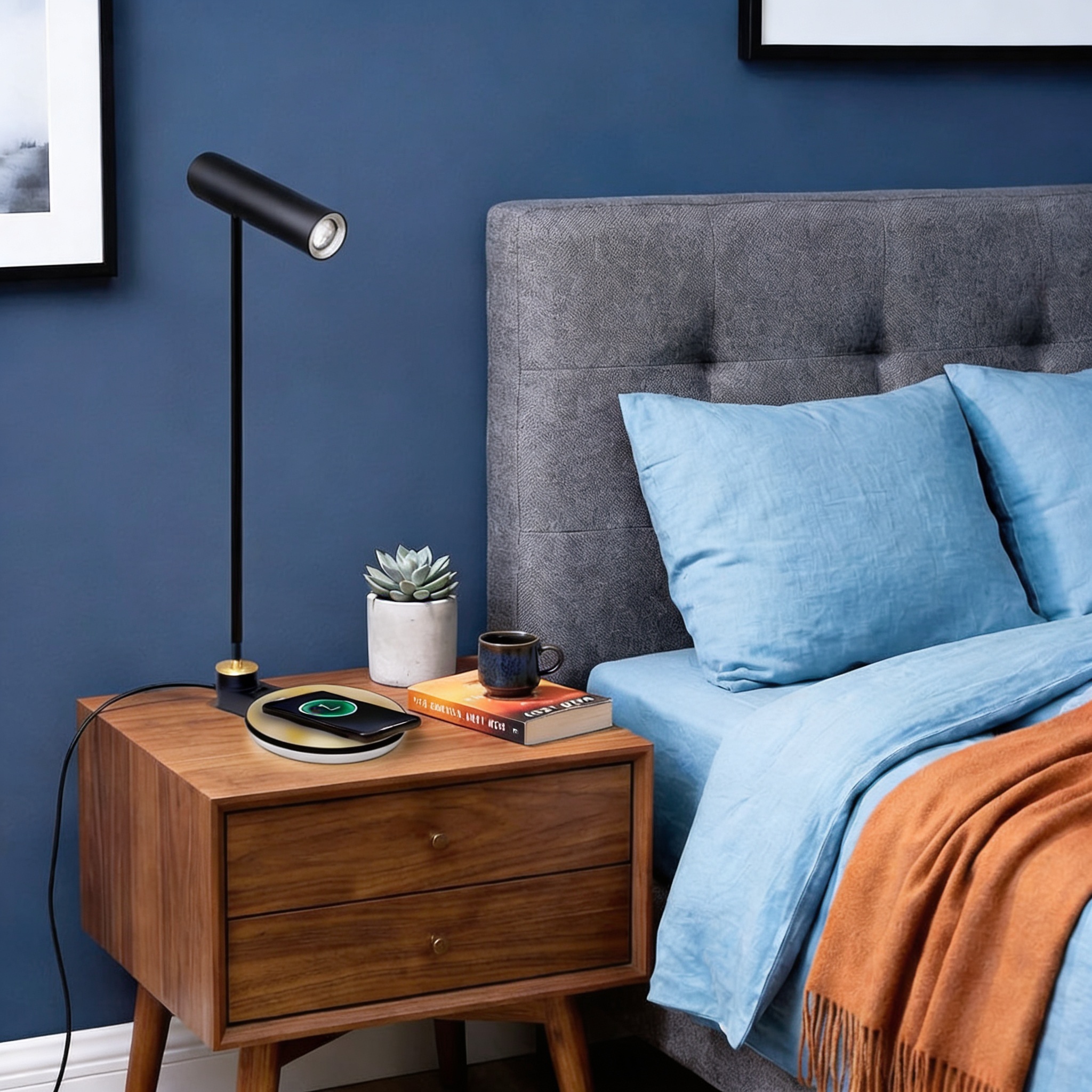 LED table lamp featuring a built-in wireless charging pad