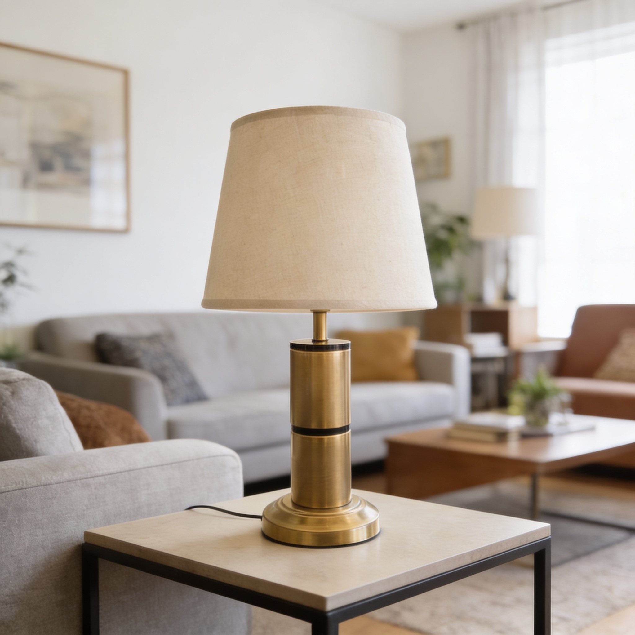 modern brass table lamp with a beige fabric drum shade