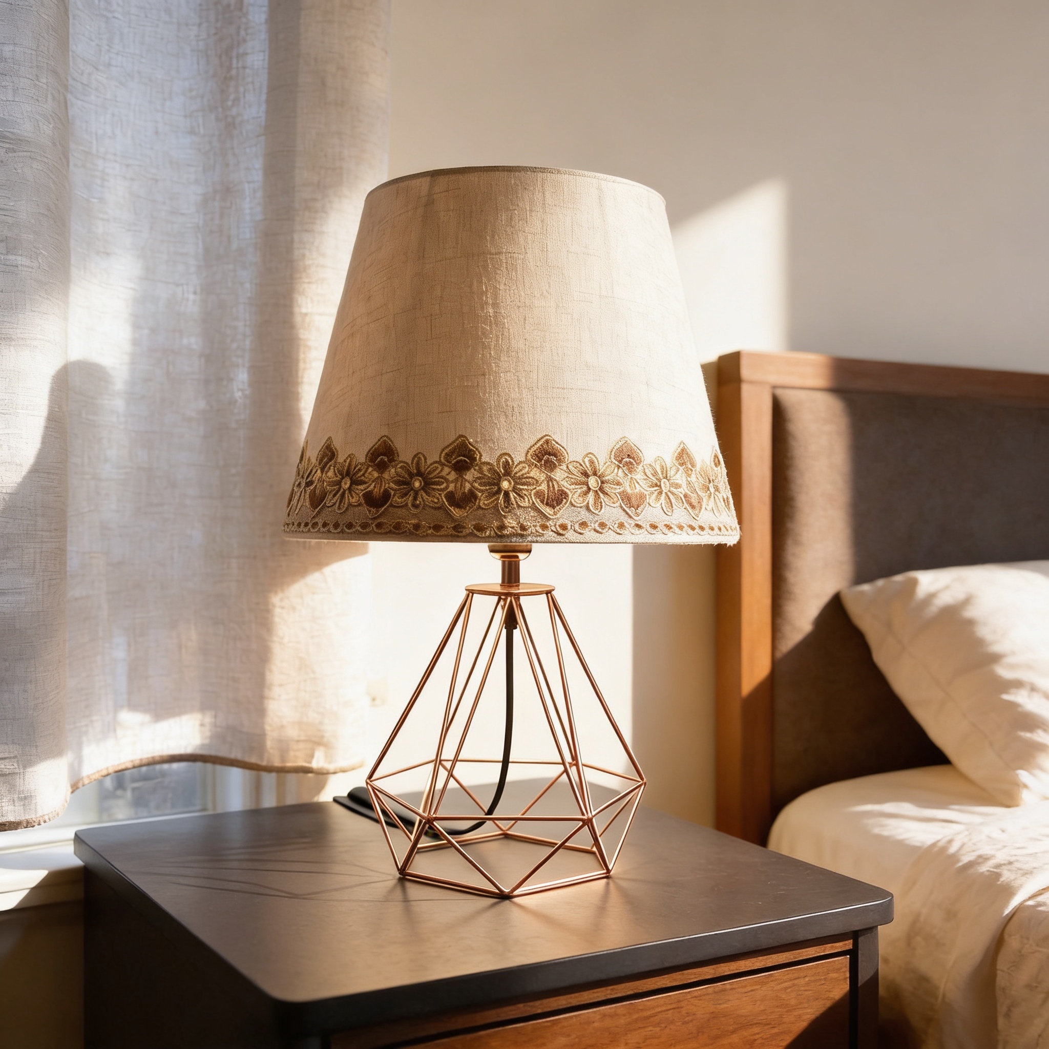 geometric table lamp featuring a copper-toned open wire base and a tapered fabric shade with decorative floral embroidery