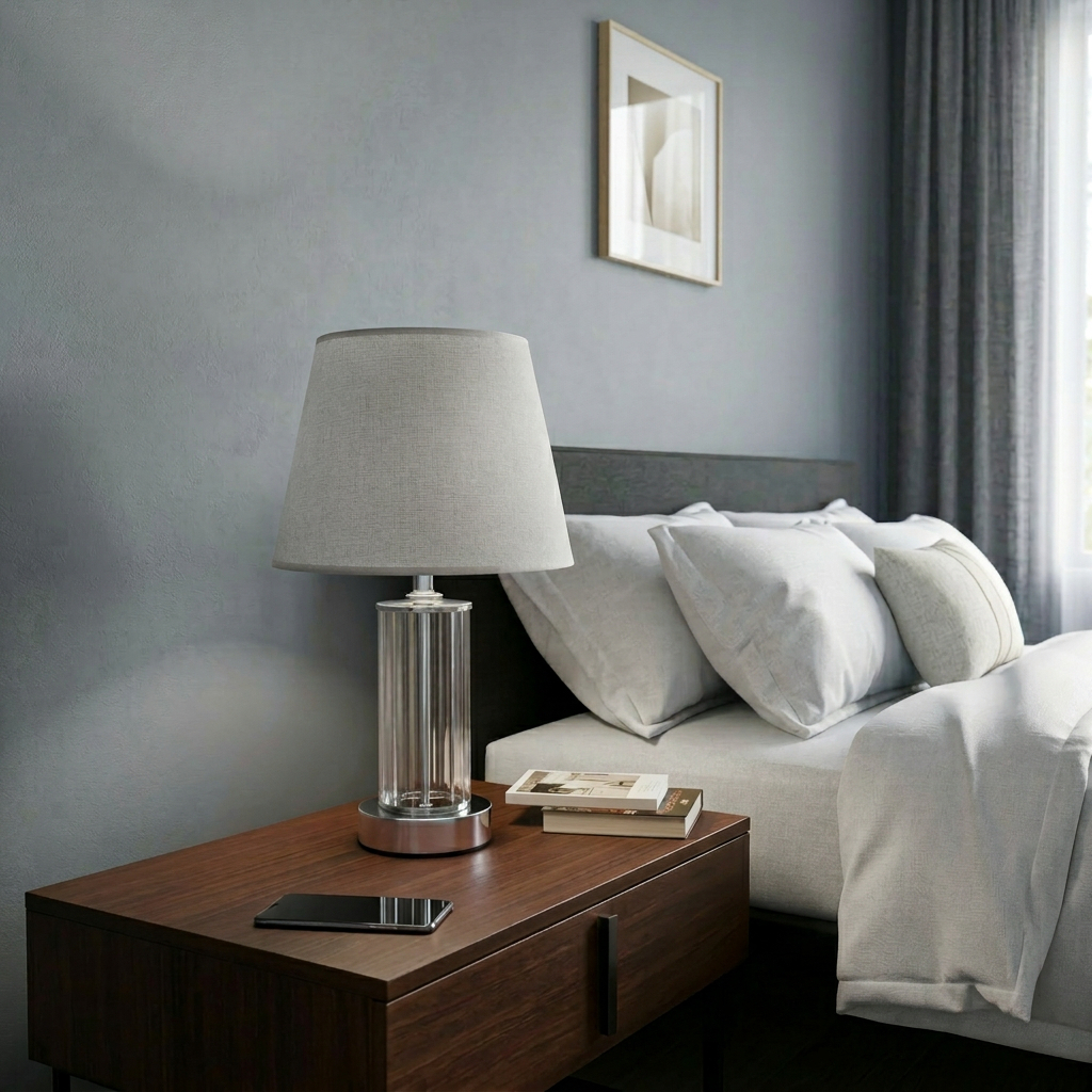 This is a Dar Lighting Enrico polished nickel and ribbed glass rechargeable table lamp.