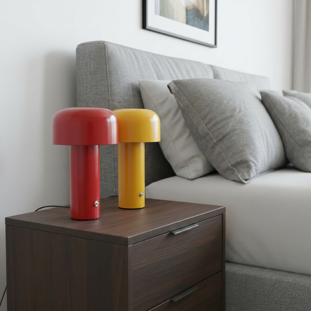 This is a red mushroom-shaped LED table lamp, likely similar to the Flos Bellhop or a comparable rechargeable.