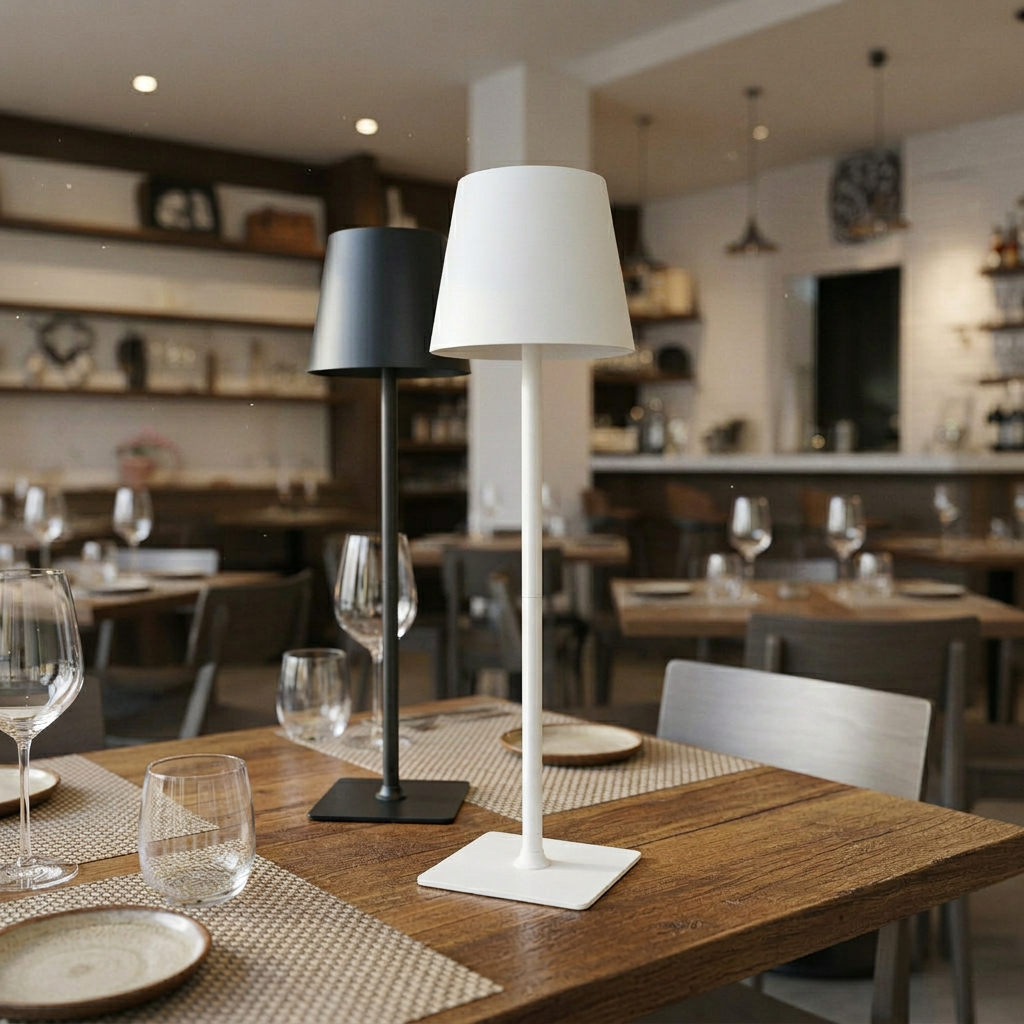 modern portable LED table lamps, similar to the Poldina Pro or Beper rechargeable models, designed for cordless use with dimmable touch control.