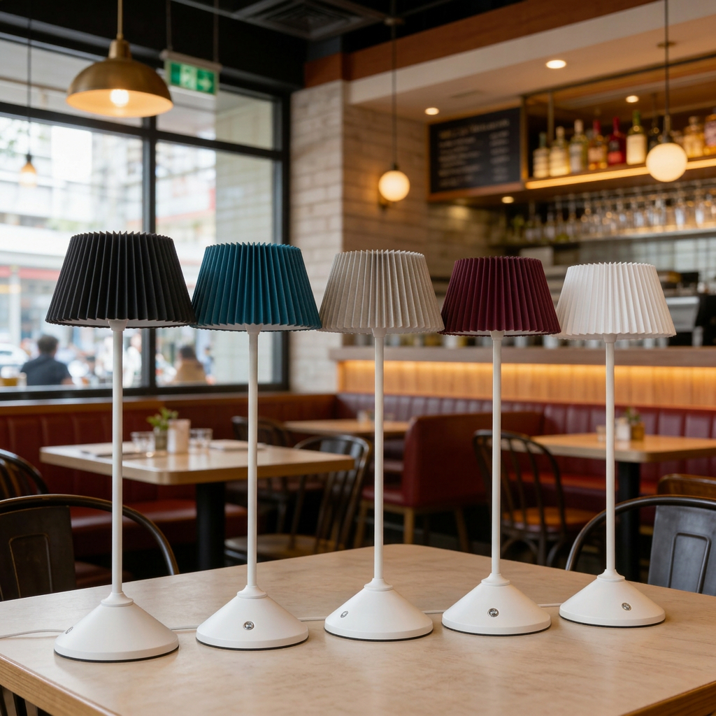 modern, cordless pleated table lamps often sold in sets, featuring rechargeable batteries and touch-controlled dimming