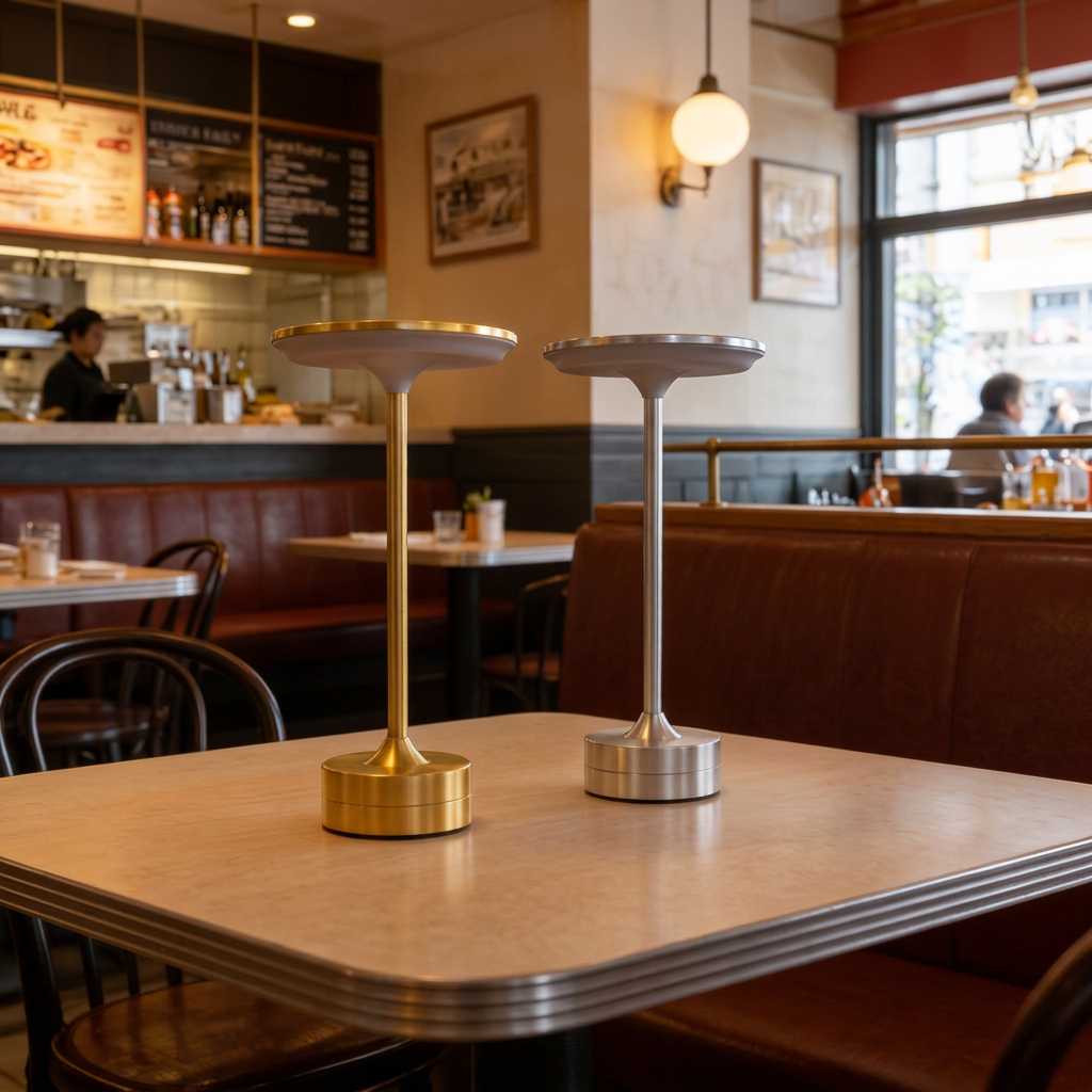 modern brushed cordless LED table lamp featuring a minimalist mushroom-shaped design and touch control functionality.