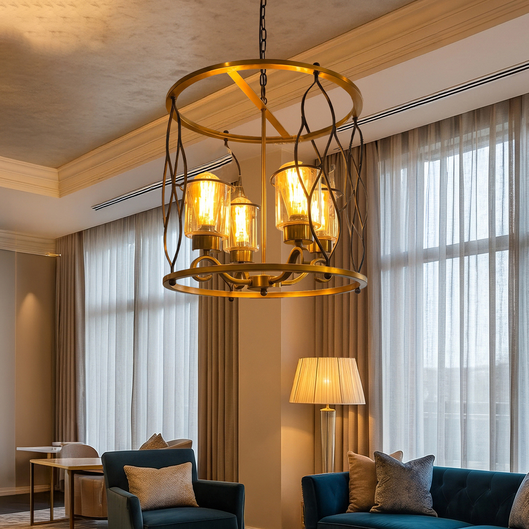 Alternative view of Luxury Gold and Glass Chandelier with Intricate Black Metal