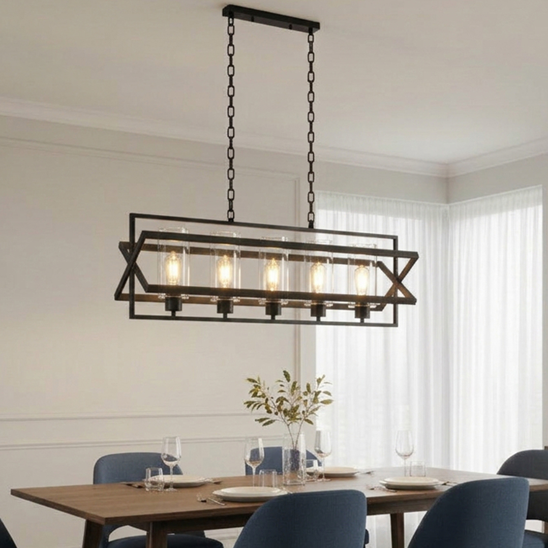Alternative view of 30-inch Retro 5-Light Lantern Kitchen Island Pendant featuring a matte black finish and glass shades