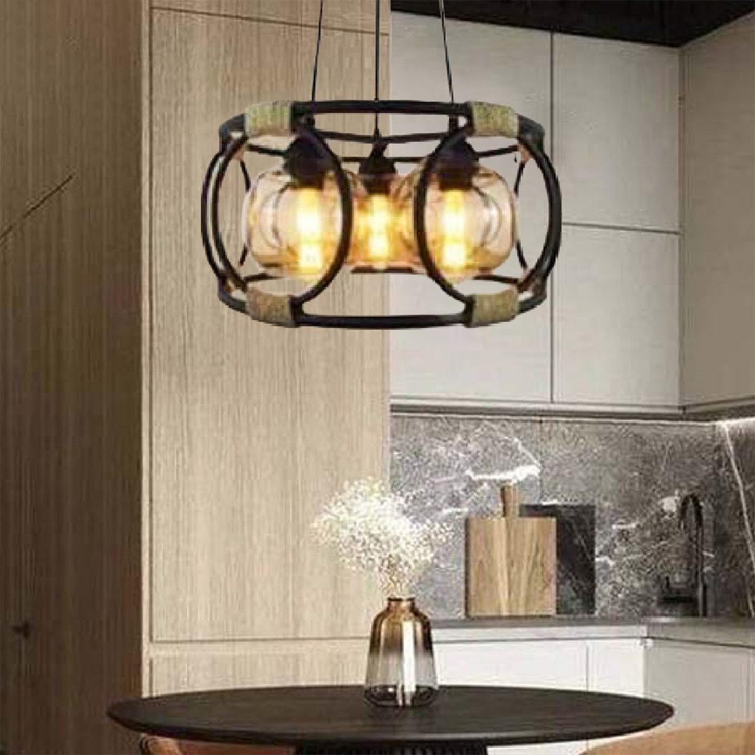Alternative view of 30-inch Retro 4-Light Lantern Kitchen Island Pendant featuring a matte black finish and glass shades
