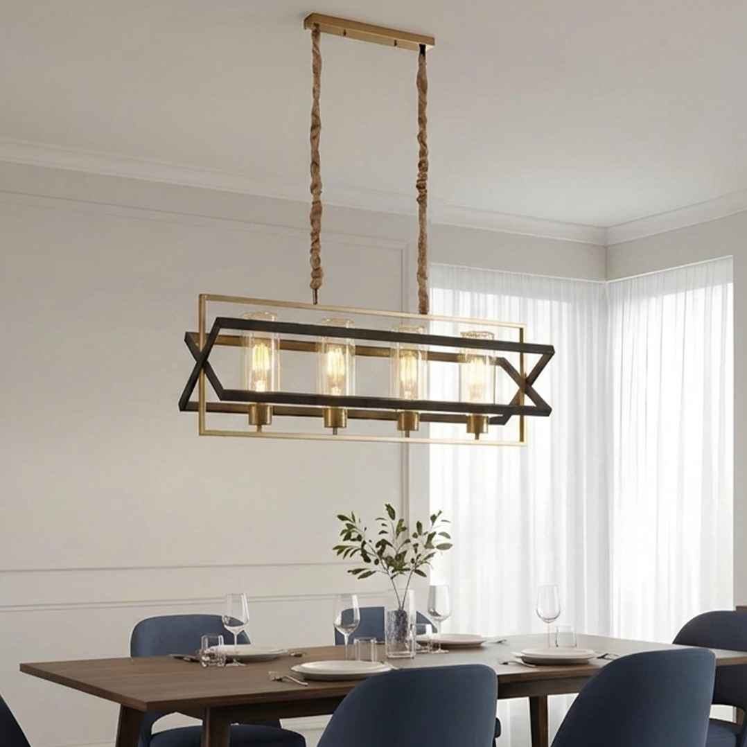 Alternative view of linear chandelier features a striking geometric frame in matte black and antique gold finishes, creating a luxurious industrial aesthetic