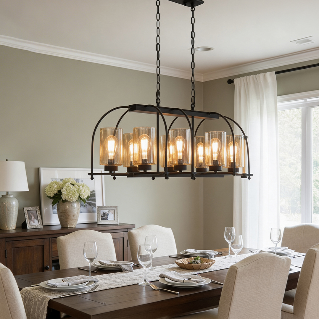 Alternative view of Holden 6-light linear island chandelier features a matte black frame with clear hammered glass shades Holden 6-light linear island chandelier features a matte black frame with clear hammered glass shades