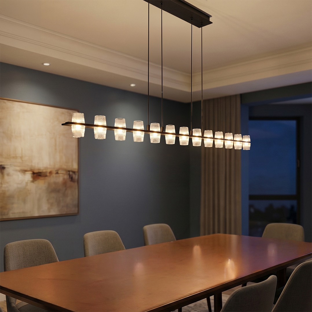 Alternative view of Arcachon Linear Chandelier features a sleek black frame adorned with multiple textured glass cups.