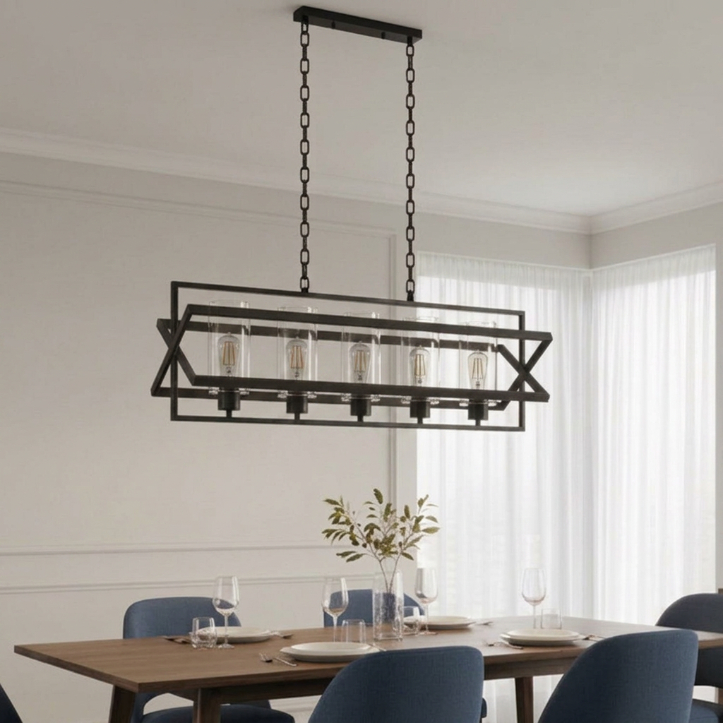 30-inch Retro 5-Light Lantern Kitchen Island Pendant featuring a matte black finish and glass shades