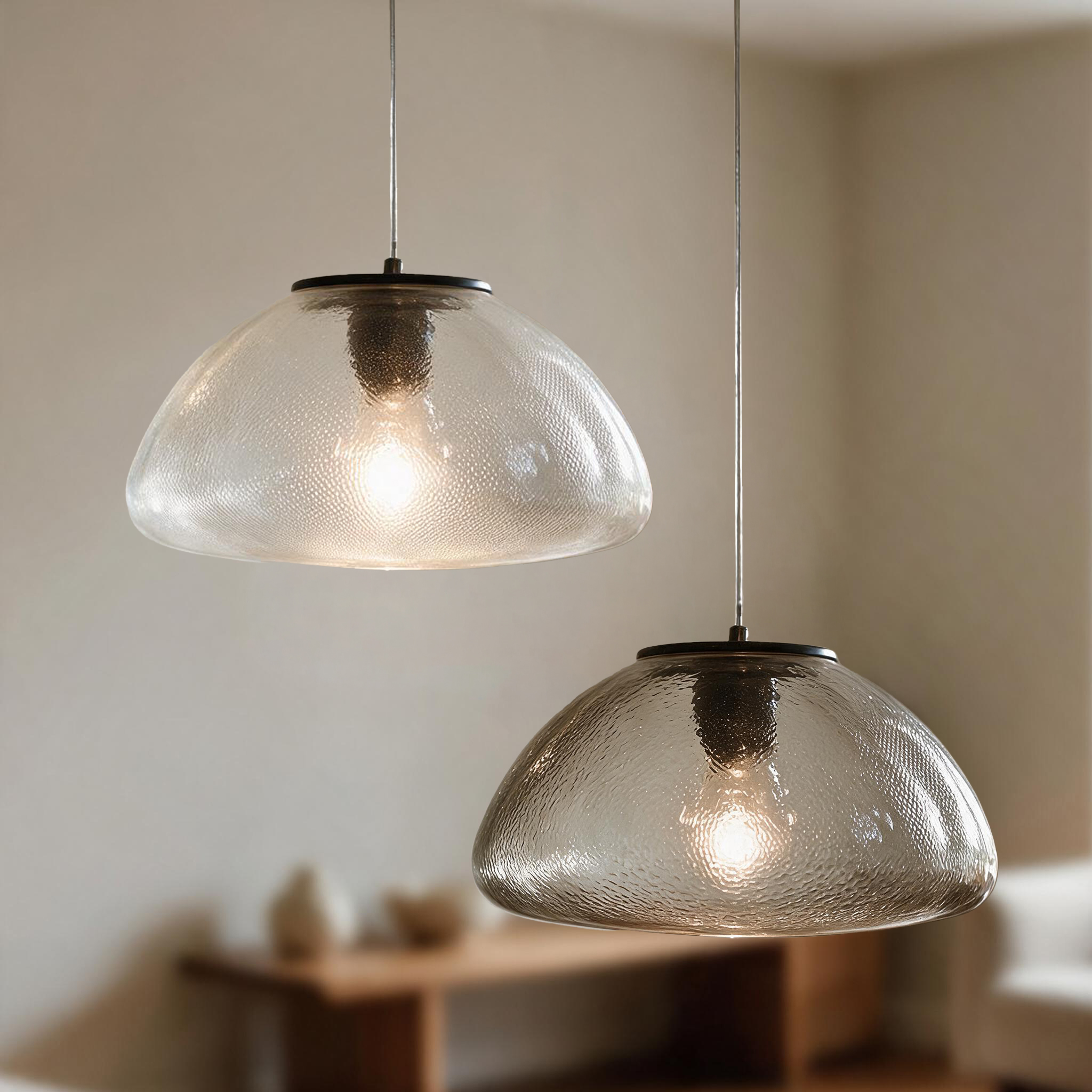 Alternative view of textured clear seeded glass dome shade paired